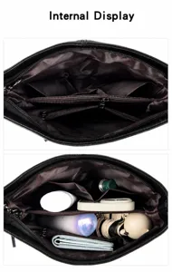 Detailed view of the multi-layered internal compartments and large capacity of this black tote
