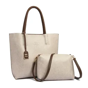 Modieuze lichtgrijze 2-delige shopper set met bruine gevlochten hengsels