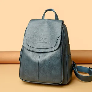 Stylish blue soft leather backpack for women with large capacity travel design