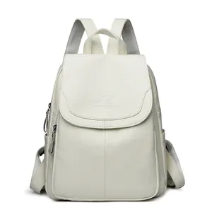 Premium creamy white soft leather women's backpack with minimalist kangaroo logo engraving