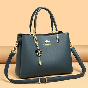 2025 New fashion women's teal leather handbag with gold kangaroo logo and flower charm