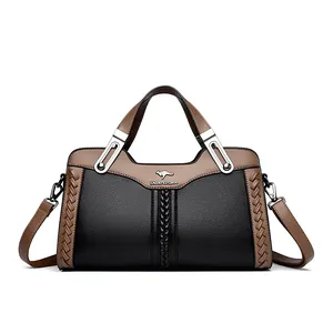 Elegante borsa a tracolla da donna in pelle testurizzata bicolore nera e marrone