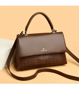 Elegant brown PU leather handbag featuring embossed patterns and a top handle strap.