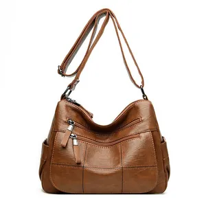 Bolso de Hombro para Mujer de Cuero PU Suave con Costuras de Patchwork y Múltiples Bolsillos Bandolera para Madres