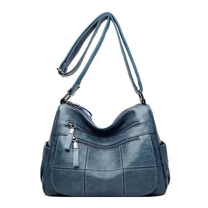 Bolso bandolera de piel suave azul para mujer con diseño casual de múltiples bolsillos