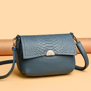 Blue crocodile pattern crossbody square bag with leather strap