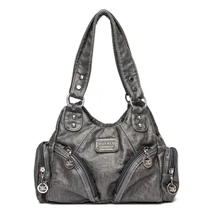 Vintage dunkelgraue Motorradhandtasche aus weichem Kunstleder mit mehreren Reißverschlüssen