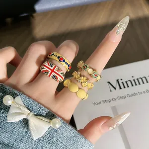 Vintage Brits Emaille Union Jack Open Ring Voor Vrouwen Bloemen Patroon Verguld Koper Strass Vingerring Retro Paleis Sieraden