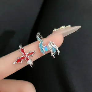 Detailansicht eines einzigartigen silbernen Drachenrings und eines gotischen roten Kreuzrings