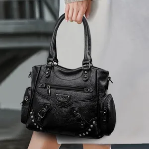 Sac Cabas Femme en Cuir PU Motif Litchi Grande Capacité Rivets Strass Sac à Main Bandoulière Sac de Navettage