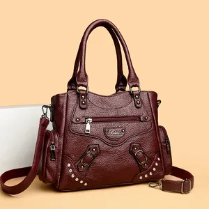 Sac cabas élégant en similicuir bordeaux pour femme avec strass et bandoulière réglable