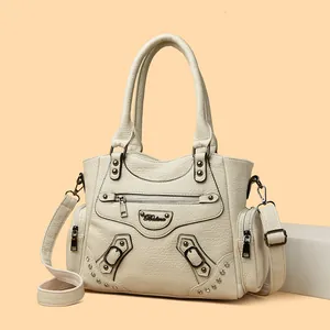 Sac cabas élégant en cuir grainé blanc crème avec bandoulière pour le quotidien des femmes