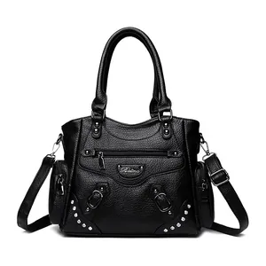 Sac à main élégant en cuir noir avec strass et bandoulière réglable pour femmes