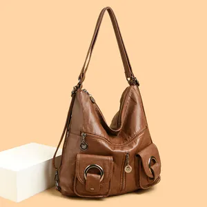 Retro Motorfiets Zacht PU Leer Grote Capaciteit Multifunctionele Tote Schoudertas Crossbody Rugzak Voor Vrouwen Vintage Stijl