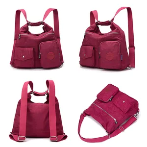 Mehrwinkelansicht eines burgunderroten Oxford-Rucksacks mit großer Kapazität für Damen