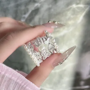 French vintage pearl and bow ring set featuring elegant lace pattern for women's gift
