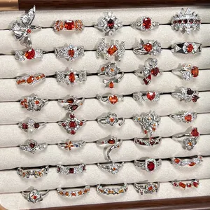 Garnet Red Zirconia Copper Flower Open Ring For Women Adjustable Vintage Light Luxury Literary Style Ins Style Finger Jewelry