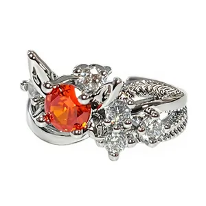 Vintage garnet red flower open ring with clear zircon accents in silver finish