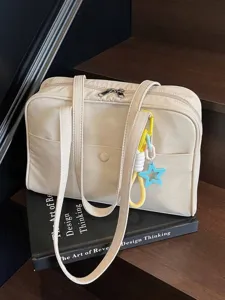 Grand sac fourre-tout en toile beige minimaliste pour femme, porté épaule décontracté
