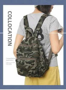 Close-up detail of the camouflage backpack worn by a model in an outdoor setting