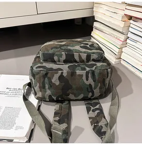 Detailed shot showing the camouflage pattern and canvas texture of this backpack