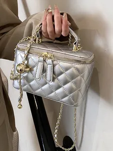 Mini Bolso de Cubo Acolchado con Cadena para Mujer Bolso de Tocador Plateado Bolso de Mano de Moda Bolso de Bandolera para el Viaje Diario y Estilos de Verano