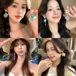Elegant long floral and beaded tassel earrings displayed on models in a collage