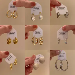 925 Sterling Silver Earring Post Copper Gold Plated Brushed Metal Hoop Earrings For Women Light Luxury Geometric Stud Earrings