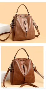 Detailed views of a brown multi-functional leather backpack for women with top handle