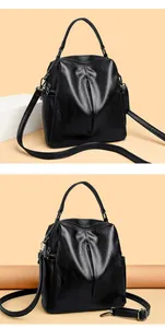 Detailed view of a black soft leather multi-functional women's backpack
