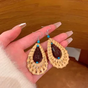 Ethnic Vintage Rattan Woven Water Drop Earrings Bohemian Handcrafted Dangle Earrings For Women Fashion Jewelry Retro Drop Earrings