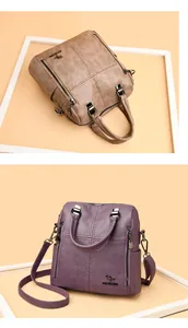 Vista dettagliata di zaini in pelle vintage multifunzionali in kaki e viola per donna