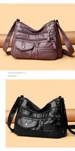 Close-up of stylish quilted multi-pocket crossbody bags in purple and black