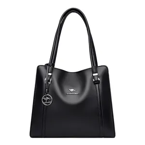 Elegant black leather tote bag with kangaroo logo for women, perfect for daily commuting