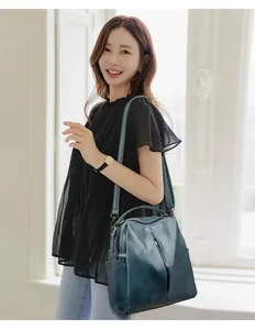 Stylish teal blue multi-functional faux leather backpack for women worn by a fashion model