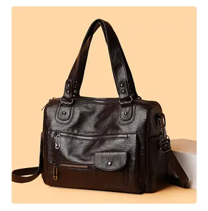 Große Retro Damen Handtasche aus dunkelbraunem PU-Leder mit mehreren Reißverschlusstaschen