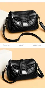 Dettaglio di una borsa a tracolla in pelle nera trapuntata con scomparti multipli con zip.