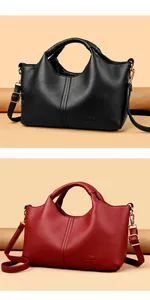 Close-up detail of stylish textured leather handbags in classic black and burgundy colors.