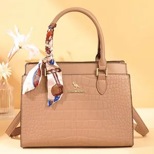 High-end khaki crocodile embossed tote bag with scarf decoration and shoulder strap