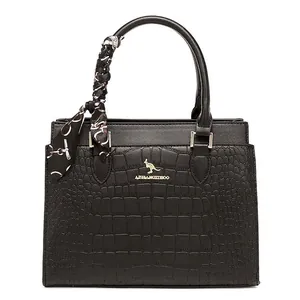 Professional black crocodile-patterned tote bag for women with decorative handle scarf