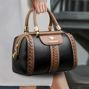 Fashion Contrast Color Women Boston Handbag Textured PU Leather Top Handle Crossbody Shoulder Bag With Woven Detail Elegant Commute Purse