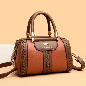 Fashionable two-tone leather handbag for women with kangaroo logo and shoulder strap