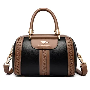Elegant black and brown contrast color women's top handle crossbody handbag with braided trim