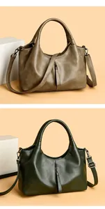 Comparison detail of soft leather hobo bags in khaki and dark green colors for women.
