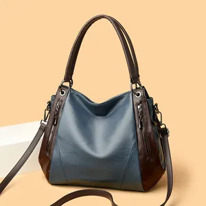 Elegant blue and brown color block soft leather shoulder bag for women with dual handles