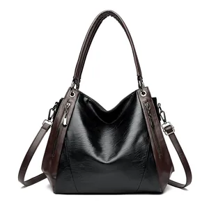 Simple black and brown soft leather large tote bag for women with crossbody strap