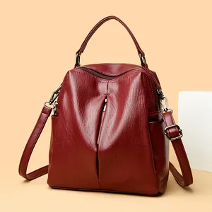 Versatile wine red synthetic leather multi-functional backpack and shoulder bag for women