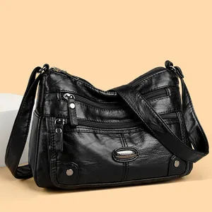 Black multi-pocket faux leather shoulder bag for women, stylish and spacious design