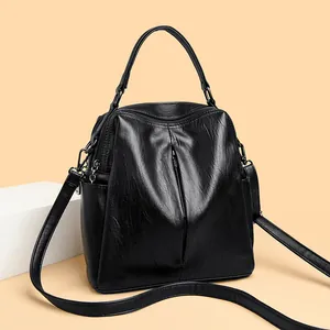 Black multifunctional faux leather backpack for women with adjustable shoulder strap