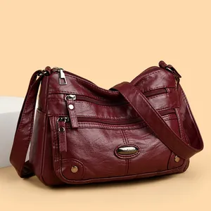 Elegant wine red multi-pocket shoulder bag in soft leather with large capacity